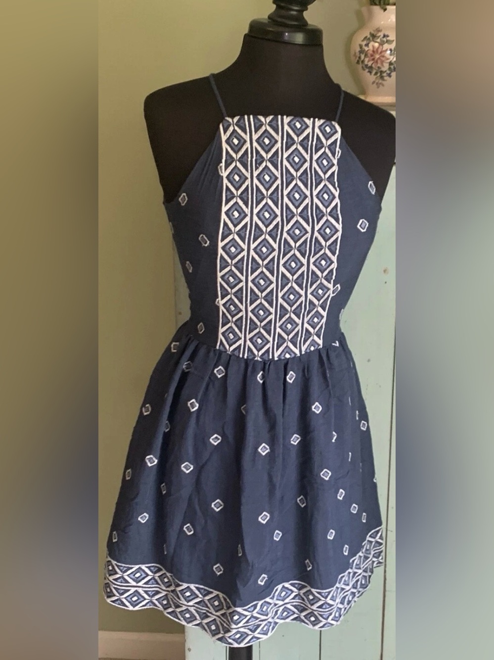 Anthropologie Navy Mini Dress with White Geometric Embroidery